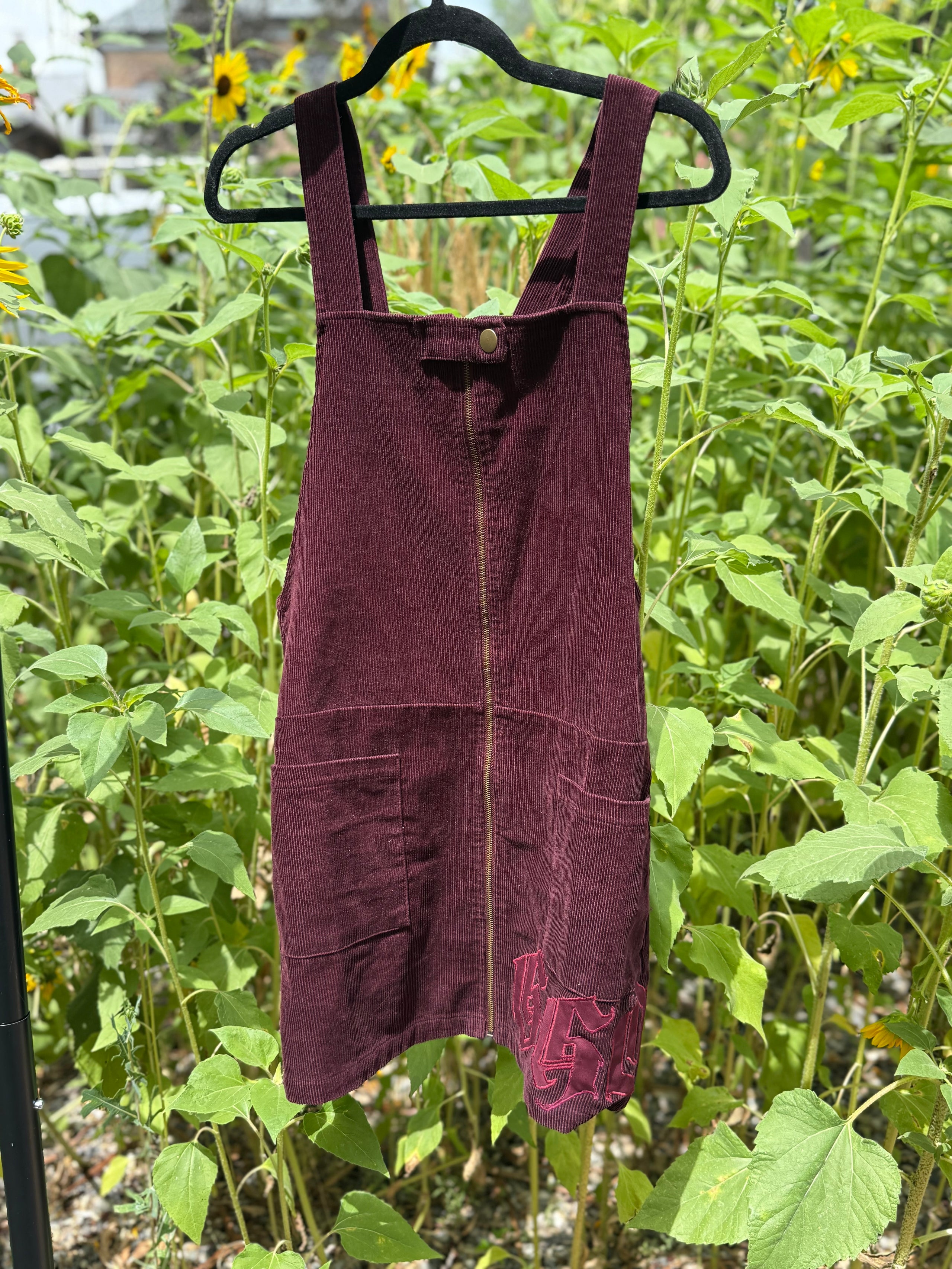 burgundy overalls skirt
