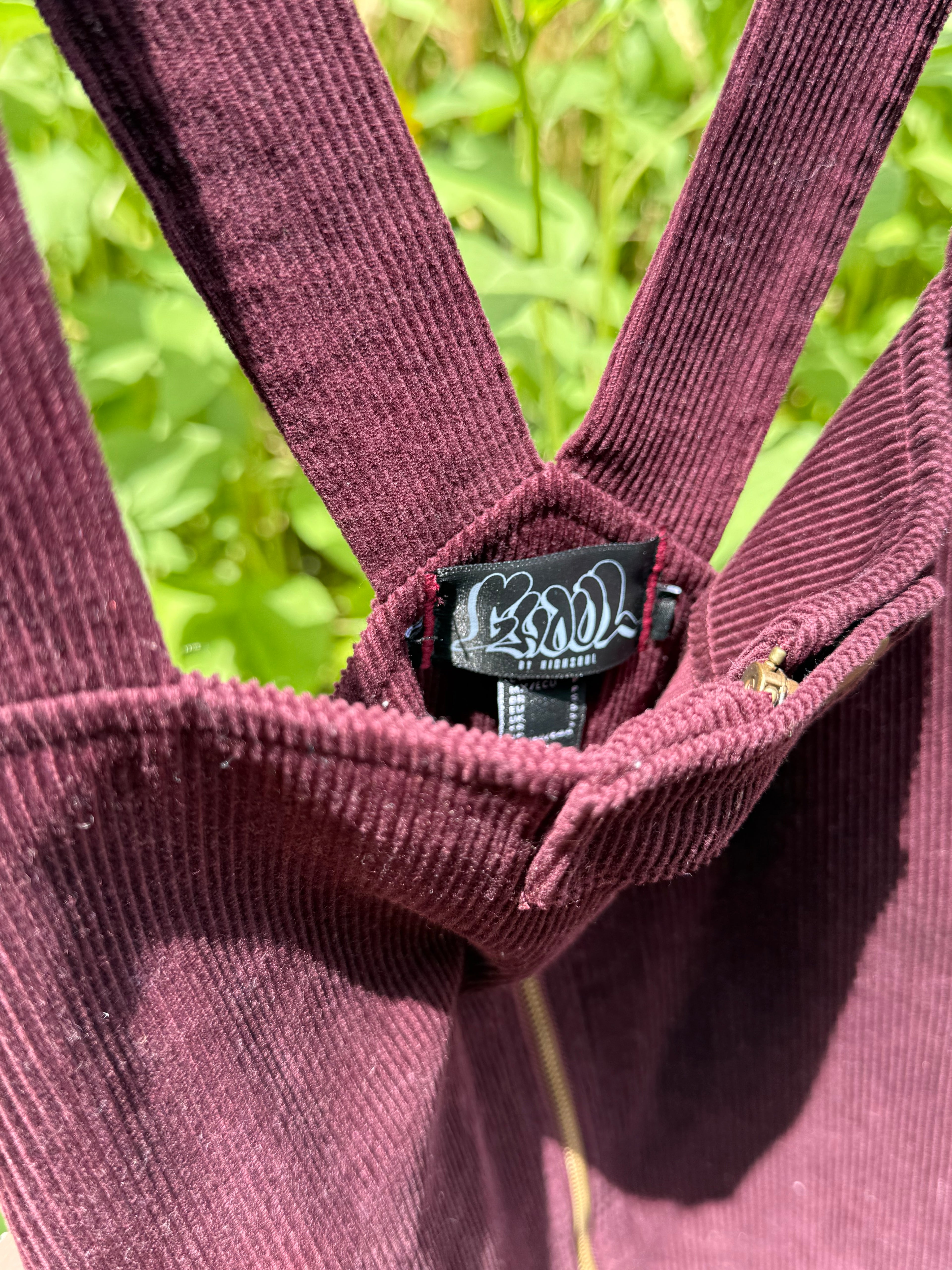 burgundy overalls skirt