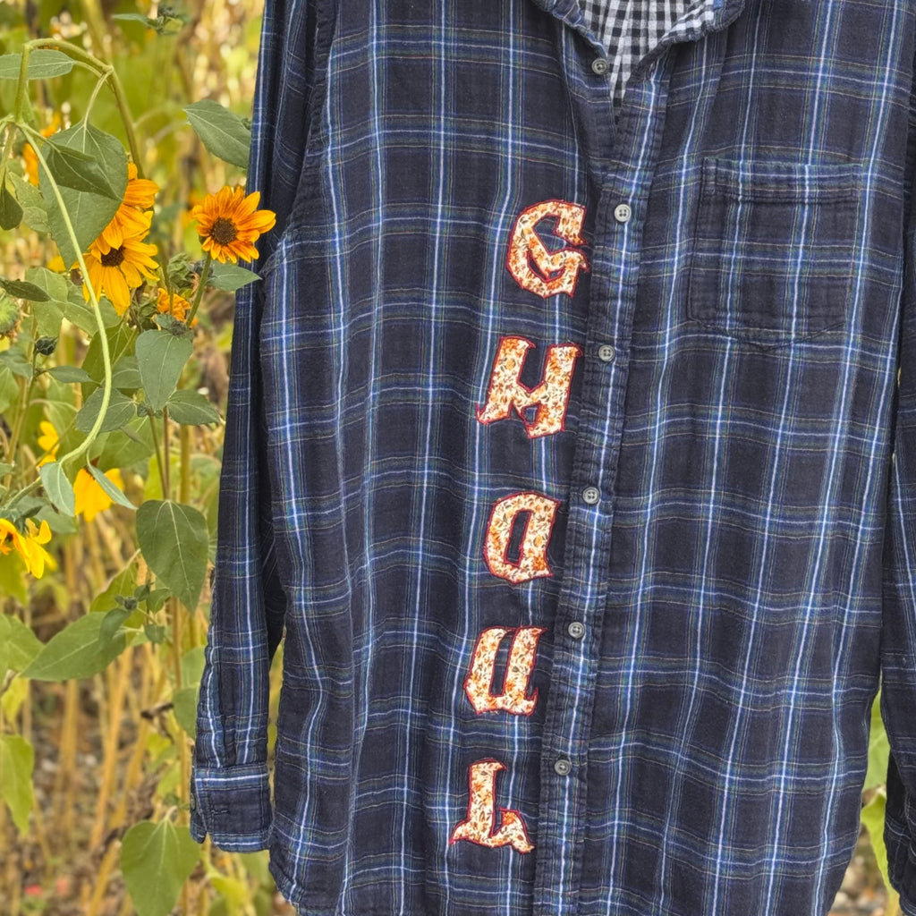 FLORAL LETTERS ON BLUE FLANNEL